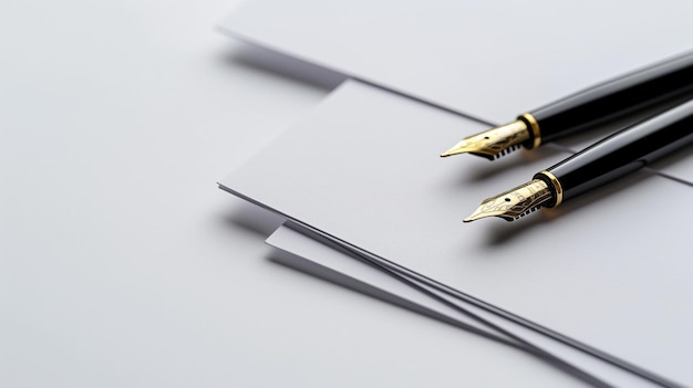 Two elegant fountain pens on a white notebook symbolizing professional writing tools