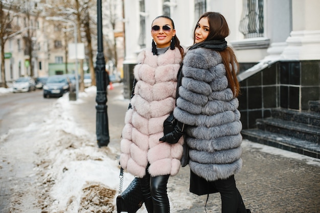 two elegant and magnificent girls in stylish fur coats walking in the winter city