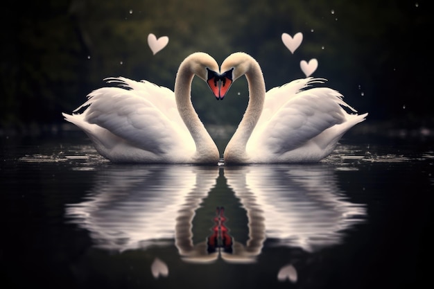 Two elegant swans creating a heart shape on a tranquil lake with love hearts floating above