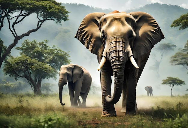 Два слона стоят в дикой природе. Один из них имеет клыки.