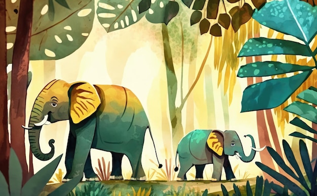 two elephants in the jungle. watercolor illustrations for kids cartoon style ai generated