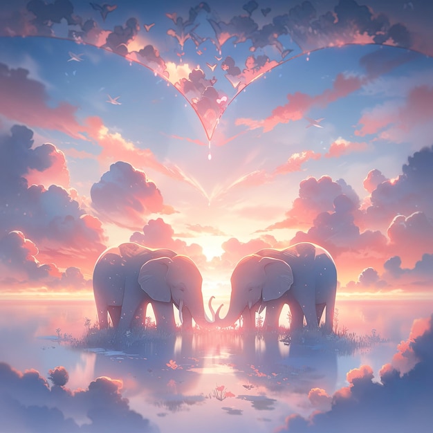 Two elephants in love against the backdrop of a sunset sky with clouds and hearts