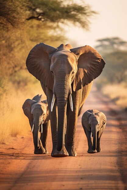 Photo two elephants walking down a dirt road with the sun setting behind them