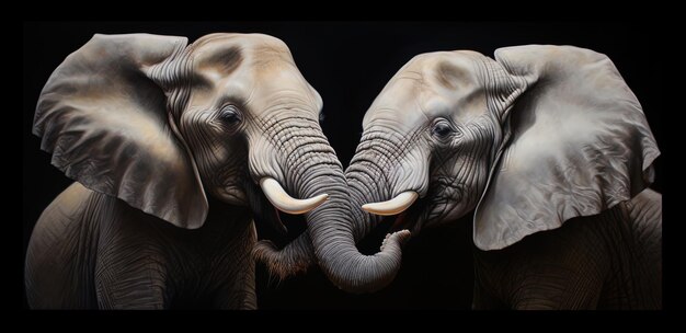 Photo two elephants with tusks that are facing each other