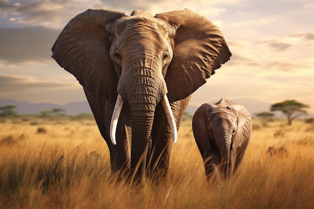 "그들의 뒤에"라는 단어가 있는 두 마리의 코끼리