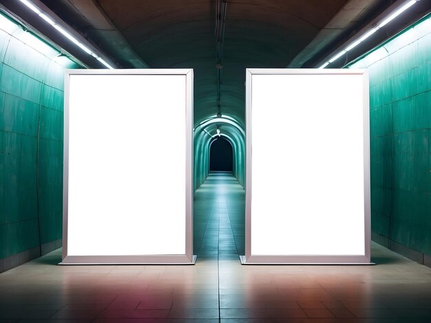 Photo two empty advertising banners mockups in underground tunnel outdoor media display space lightbox