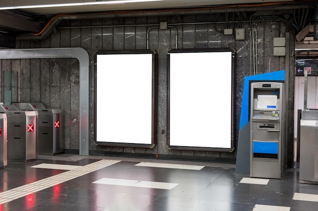 Two empty advertising stands in urban underground