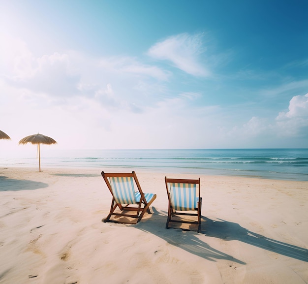 Two empty chairs on a beach with an umbrella on the sand.