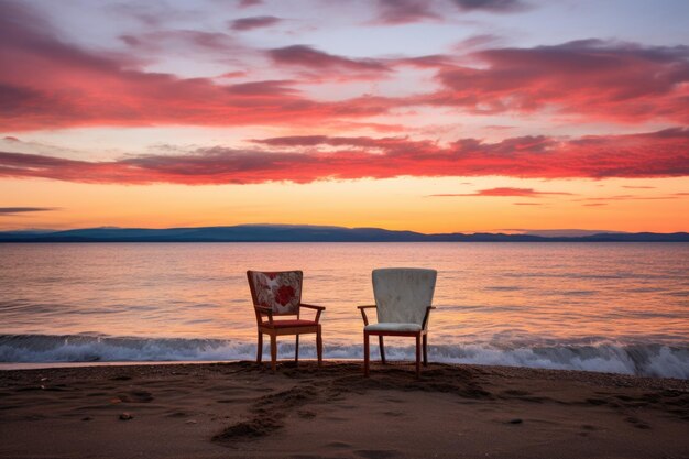 Two empty chairs facing sunset on a beach