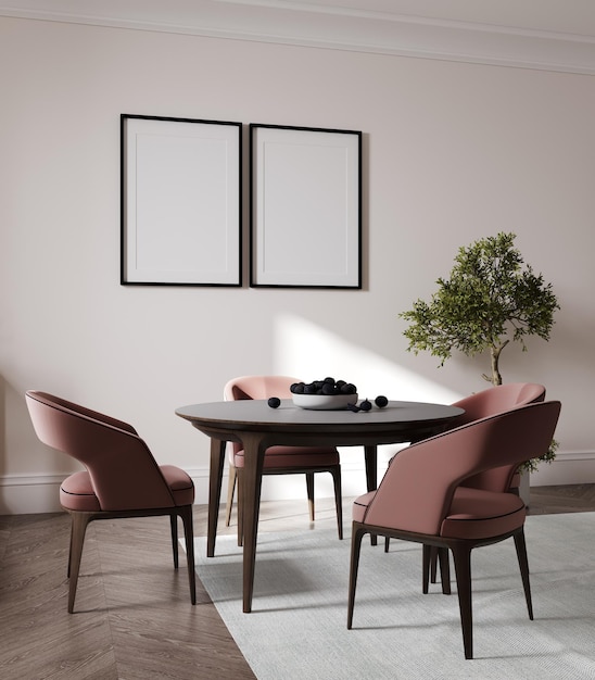 Two empty frames mockup stylish room interior with table and pink chairs green plant 3d rendering