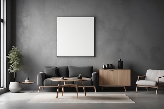 Two empty frames over standing sideboard in dark grey living room interior with concrete flooring