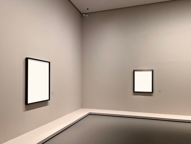 Two empty frames on the wall of a museum