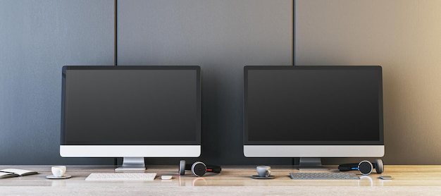 Two empty gaming computer displays on table with coffee cups and headsets Place for your advertisement Gaming club concept Mock up 3D Rendering
