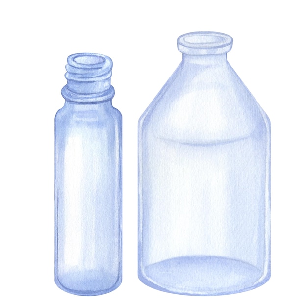 Two empty transparent blue glass cosmetic bottle Hand draw watercolor illustration isolated on white background Beauty skincare product packaging