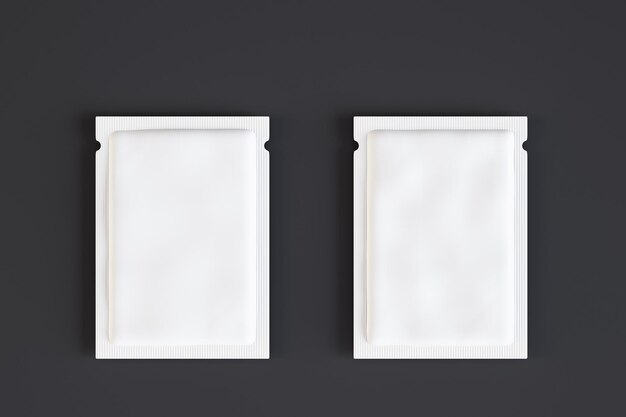 Photo two empty white product packets on dark background mock up 3d rendering
