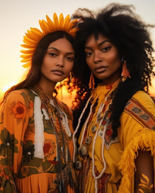 Two energetic black girlfriends looking glamorous in bohemian dresses in a sunflower field at sunset