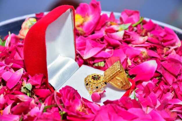 Two engagement rings with diamonds next to each other with rose petals