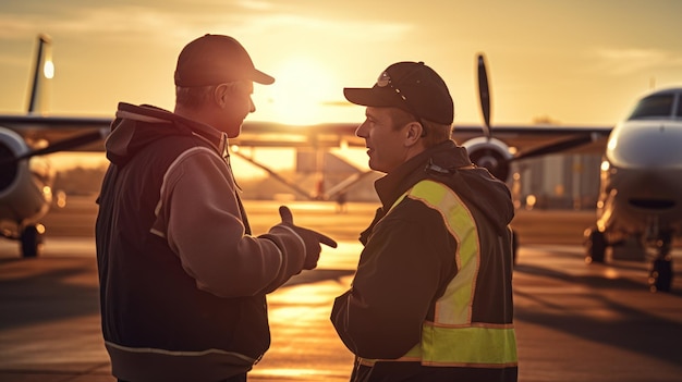 Two Engineer talking at engine airplane constructions site