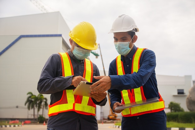 Two Engineer working tablet technology on site construction