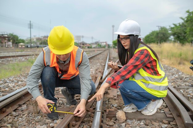 Two engineer working at train stationWork together happilyHelp each other analyze the problemConsult about development guidelines