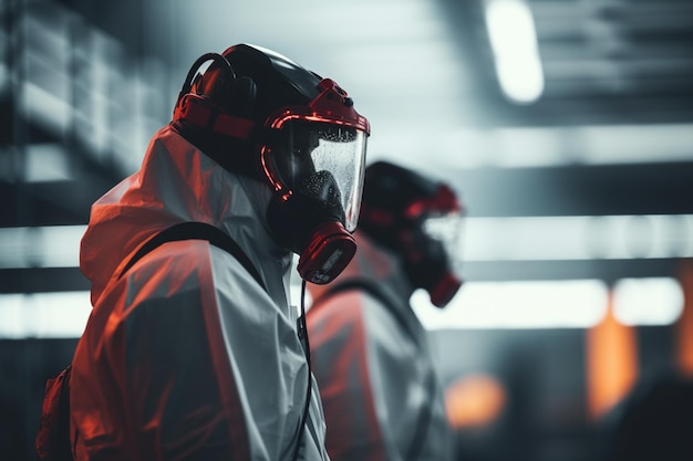 Two engineering workers in protective suit standing in a factory with Generative AI