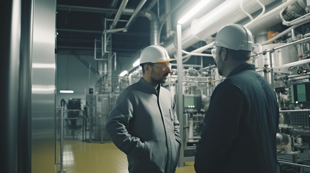 Foto due ingegneri conversano in una fabbrica contemporanea installazione di una macchina della linea di produzione per il lavoro ia generativa