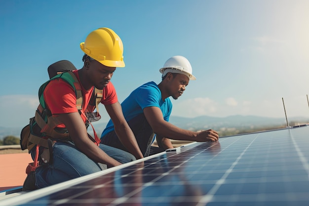 Два инженера устанавливают солнечную батарею на крышу