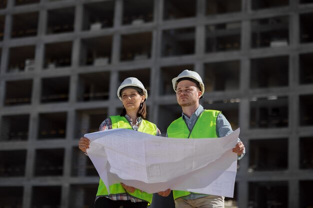 Due ingegneri, un uomo e una donna con caschi bianchi e giubbotti protettivi, lavorano nel cantiere
