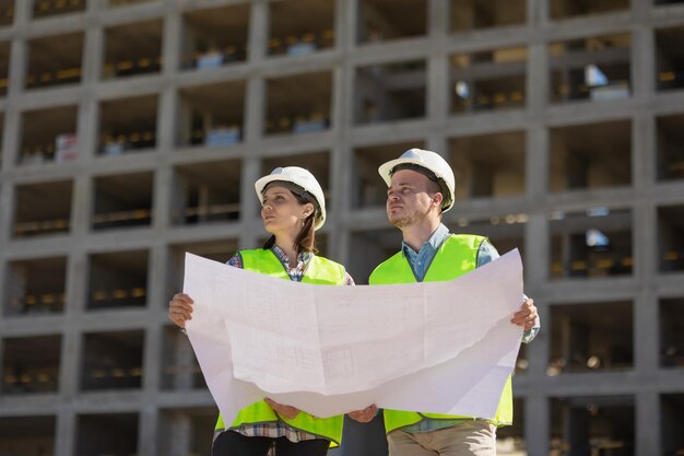 Two engineers in protective vests and white helmets on the background of a house under construction look at the object39s circuit board or diagram