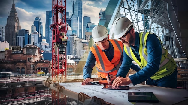 Two engineers work on the construction site