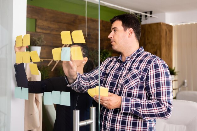 Due imprenditori che pianificano una nuova strategia. stanno guardando la carta adesiva sulla porta di vetro