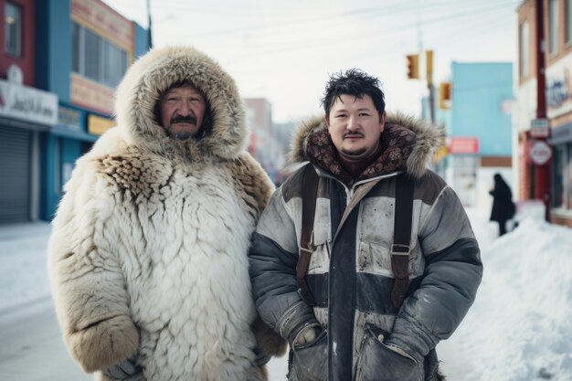 Two Eskimo men in fur coats stand outside during the day in winter