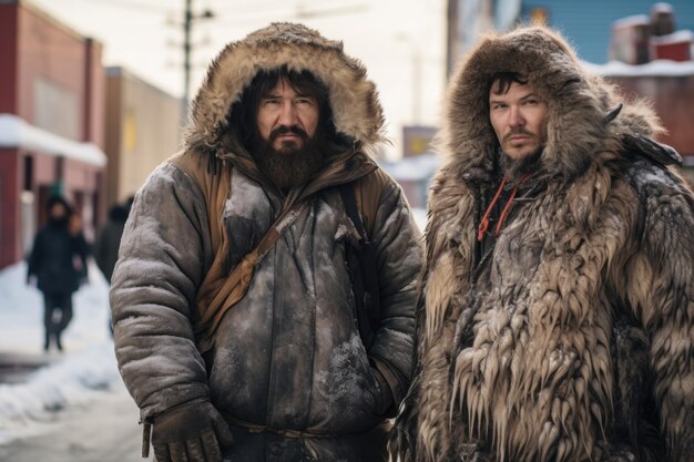 Two Eskimo men in fur coats stand outside during the day in winter