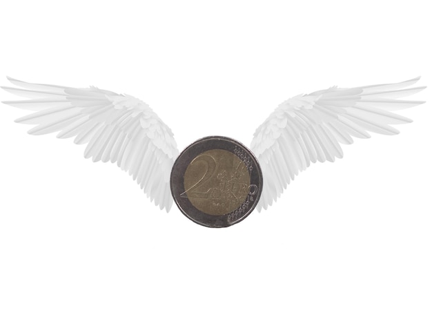 Two Euro coin with white wings of an angel isolated on a white background