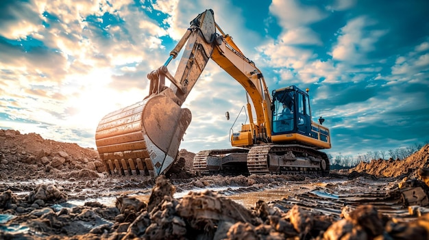 Two Excavator digging the soil In the construction site on sky of sunbeam background With bucket lift up