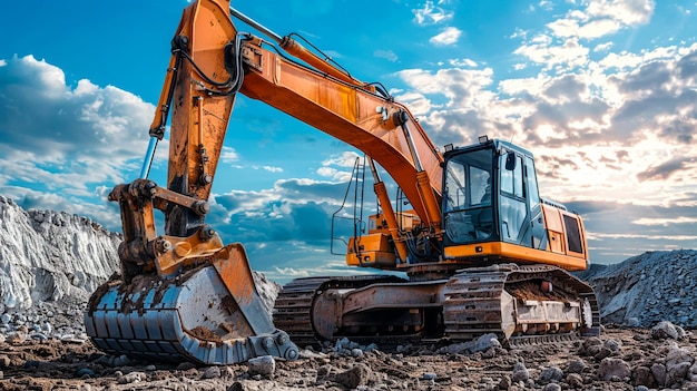 Two Excavator digging the soil In the construction site on sky of sunbeam background With bucket lift up