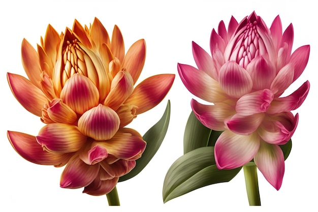 Two exotic pink turmeric Curcuma flowers in different colors on a white background