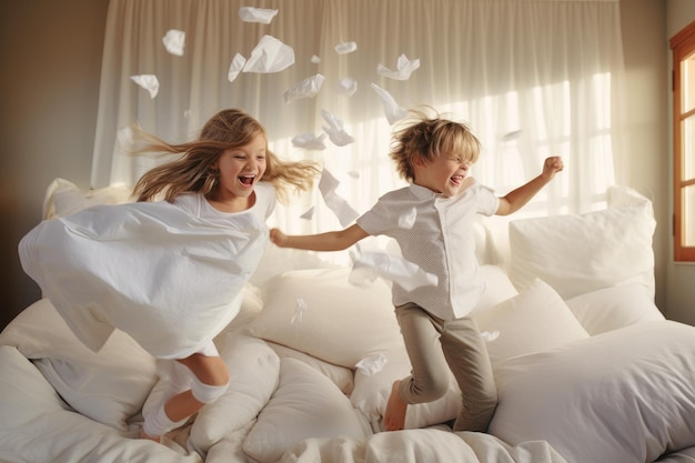 Двое жизнерадостных детей веселятся, энергично прыгая и играя на кровати, покрытой белоснежными простынями. Причудливая драка подушками между братьями и сестрами, созданная искусственным интеллектом.