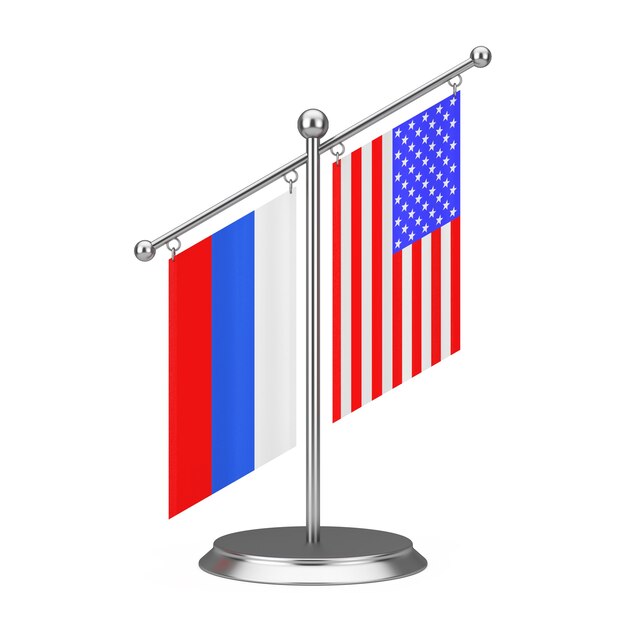 Two Fabric USA and Russia Desctop Flags on Steel Spire Pedestal on a white background. 3d Rendering