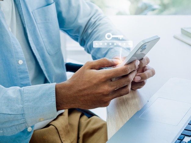 two factor authentication or 2fa concept virtual key icon while access on phone with laptop for validate password identity verification cybersecurity with biometrics authentication technology