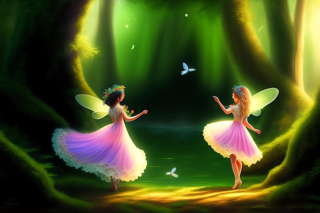 Photo two fairies dance in an enchanted magical forest digital artwork