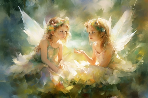 Two fairies sitting on a cloud with wings spread.