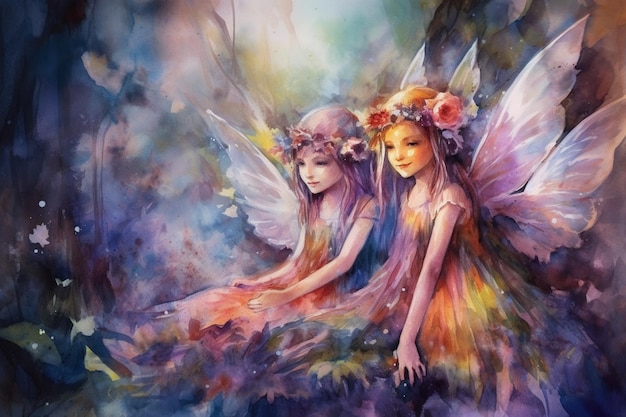 Two fairies with flowers on their wings sit on a tree branch.