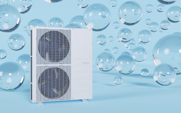 Photo two-fan air conditioner with glass balls on a blue background 3d