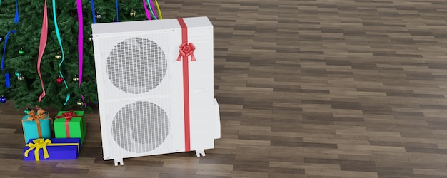 two-fan outdoor unit of the air conditioner with gifts on the background of the Christmas tree 3d