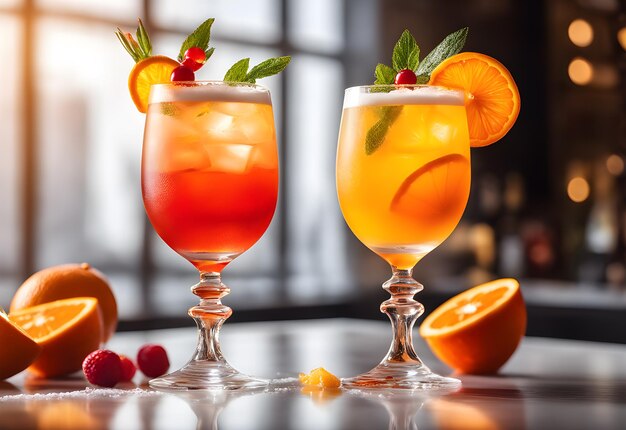 Two fancy cocktails with beautiful garnish