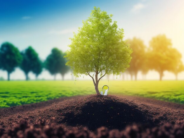 Two farmers are planting seedlings in the ground and the green background is blurred with the concep