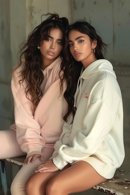 Photo two fashionable girls wearing hoodies