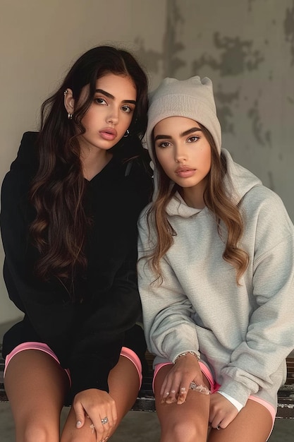 Two fashionable girls wearing hoodies