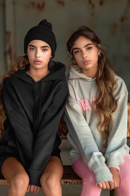 Photo two fashionable girls wearing hoodies